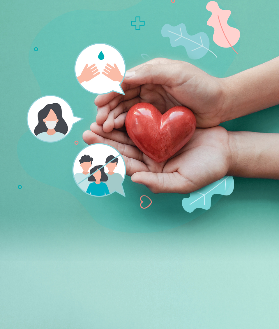 La imagen muestra una mano sosteniendo un corazón, así como diversas viñetas con consejos sanitarios como el uso de mascarilla o el lavado de manos